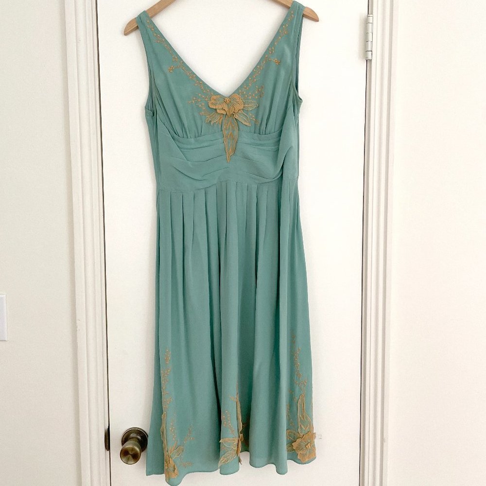 Lil for Anthropologie Retro Silk Garden Dress, teal Size 8